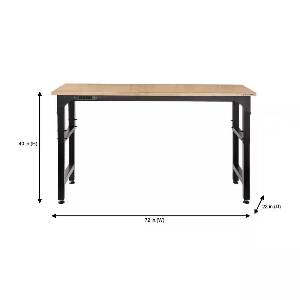 72 In. W X 23 In. D Adjustable Height Black Workbench, Solid Wood Top for Heavy Duty Welded Steel Garage Storage System