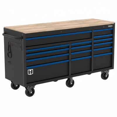 72-Inch 15-Drawer Mobile Workbench with Solid Wood Top, Heavy-Duty Rolling Tool Chest