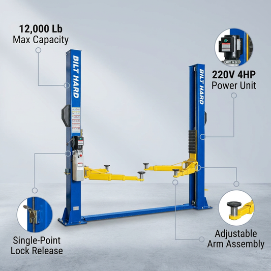 12,000 Lbs Two-Post Car Lift with 220V 4HP Motor & Single-Point Lock – Ideal for Shops, Garages & Heavy-Duty Vehicle Maintenance — infographic
