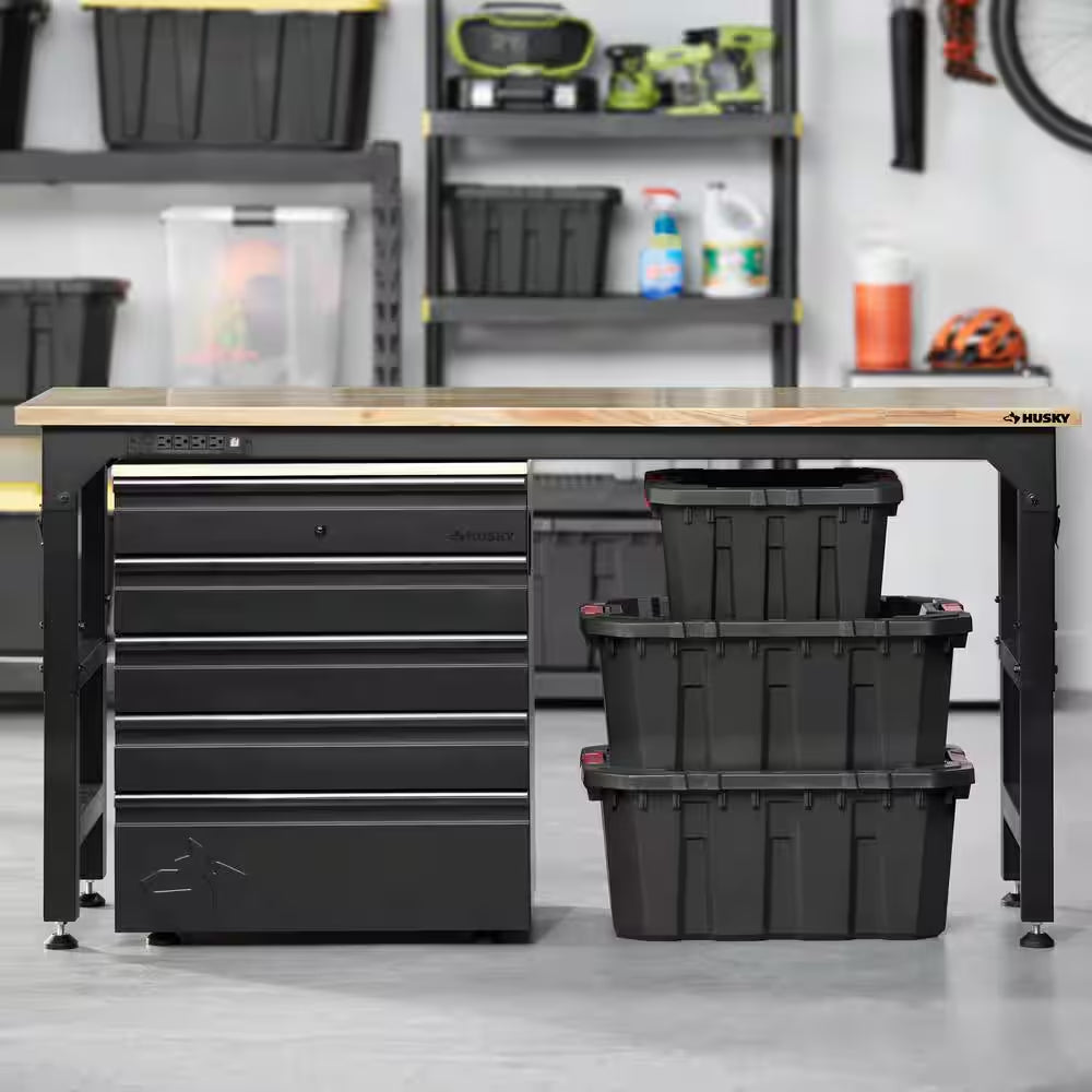72 In. W X 23 In. D Adjustable Height Black Workbench, Solid Wood Top for Heavy Duty Welded Steel Garage Storage System