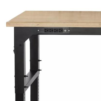 72 In. W X 23 In. D Adjustable Height Black Workbench, Solid Wood Top for Heavy Duty Welded Steel Garage Storage System