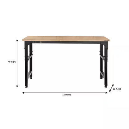 72 In. W X 23 In. D Adjustable Height Black Workbench, Solid Wood Top for Heavy Duty Welded Steel Garage Storage System