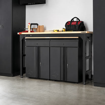 72 In. W X 23 In. D Adjustable Height Black Workbench, Solid Wood Top for Heavy Duty Welded Steel Garage Storage System