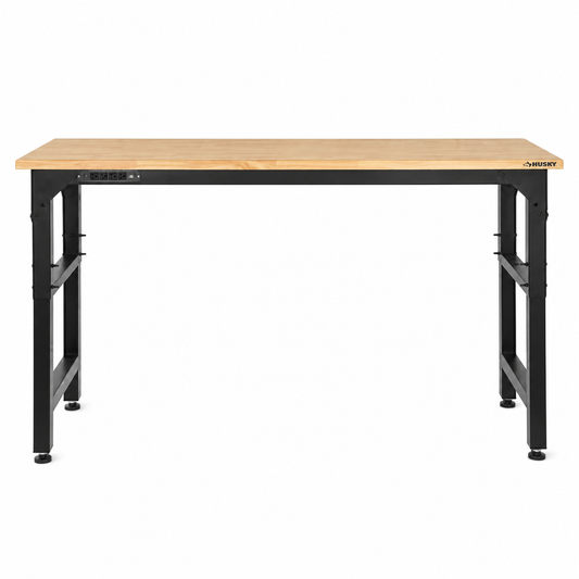 72 In. W X 23 In. D Adjustable Height Black Workbench, Solid Wood Top for Heavy Duty Welded Steel Garage Storage System