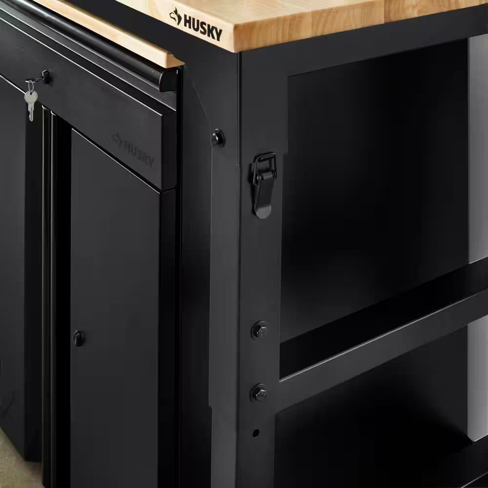 72 In. W X 23 In. D Adjustable Height Black Workbench, Solid Wood Top for Heavy Duty Welded Steel Garage Storage System