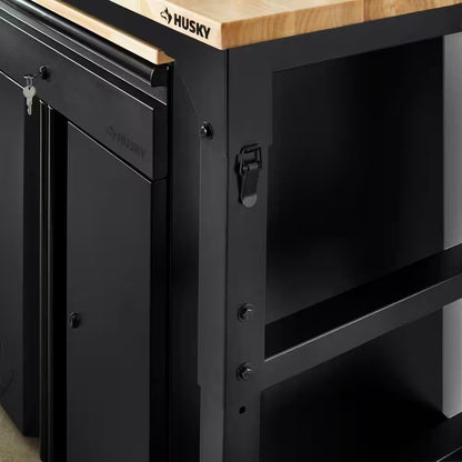 72 In. W X 23 In. D Adjustable Height Black Workbench, Solid Wood Top for Heavy Duty Welded Steel Garage Storage System