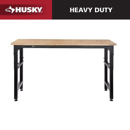 72 In. W X 23 In. D Adjustable Height Black Workbench, Solid Wood Top for Heavy Duty Welded Steel Garage Storage System