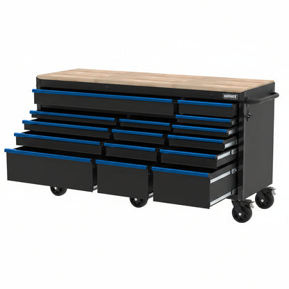 72-Inch 15-Drawer Mobile Workbench with Solid Wood Top, Heavy-Duty Rolling Tool Chest