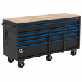 72-Inch 15-Drawer Mobile Workbench with Solid Wood Top, Heavy-Duty Rolling Tool Chest