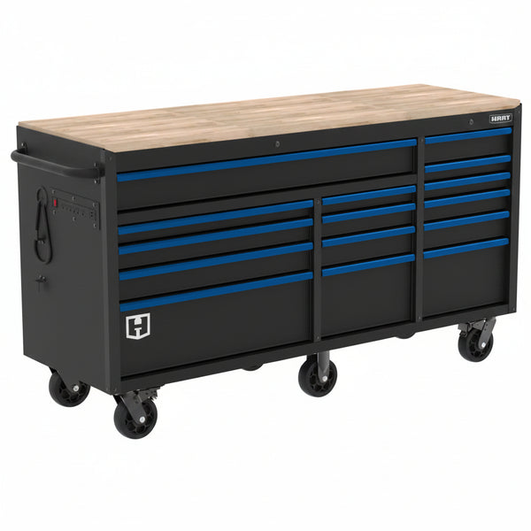 72-Inch 15-Drawer Mobile Workbench with Solid Wood Top, Heavy-Duty Rolling Tool Chest